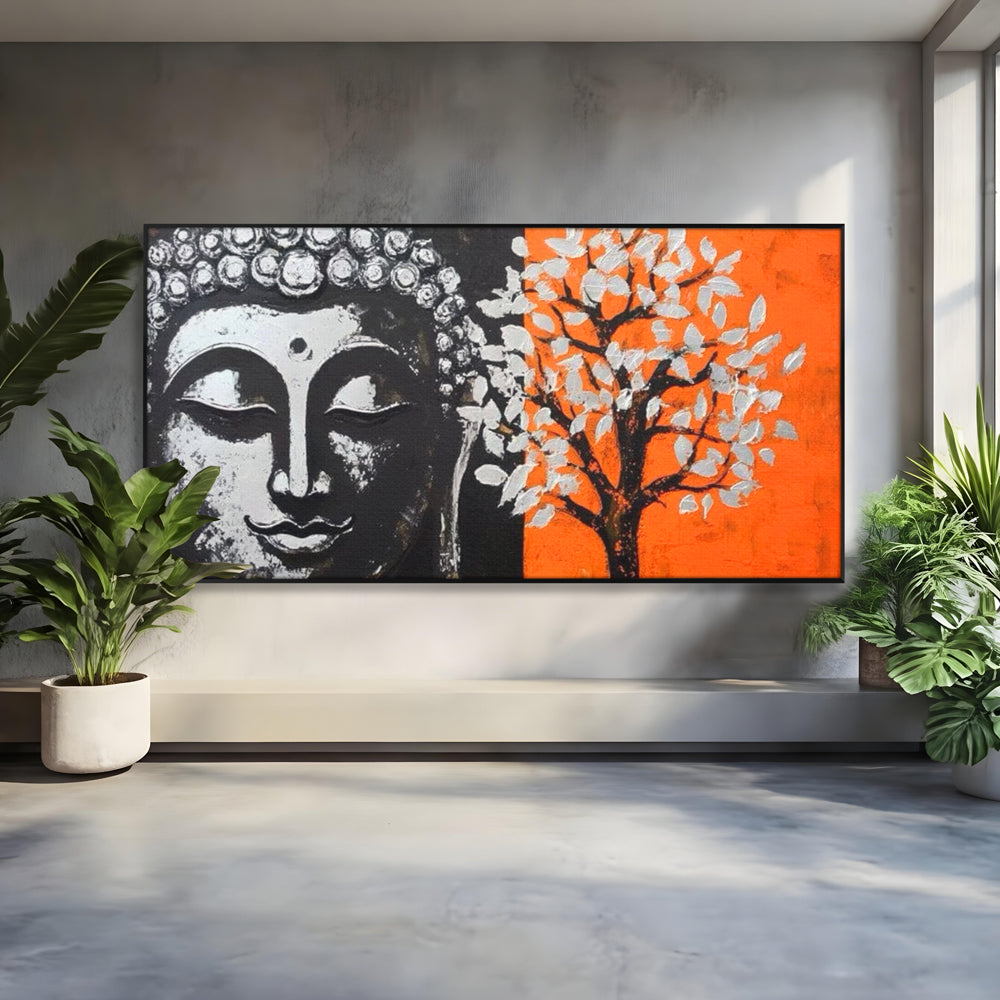 Tablou canvas cu tablou canvas cu capul lui buddha si un copac, in rama de aluminiu negru